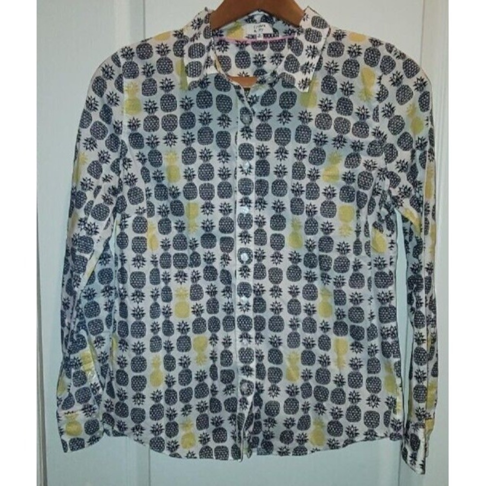 Women's Pineapple Print Button-Up Shirt in White and Yellow